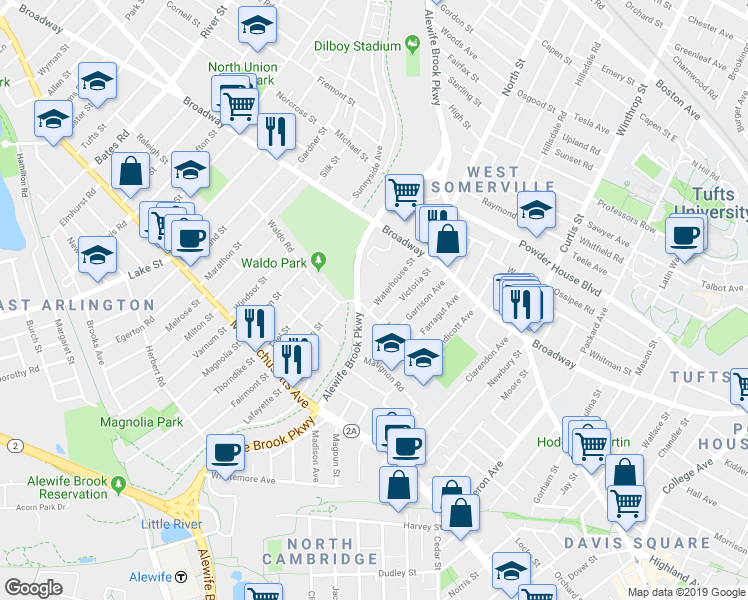 map of restaurants, bars, coffee shops, grocery stores, and more near 37 Waterhouse Street in Somerville