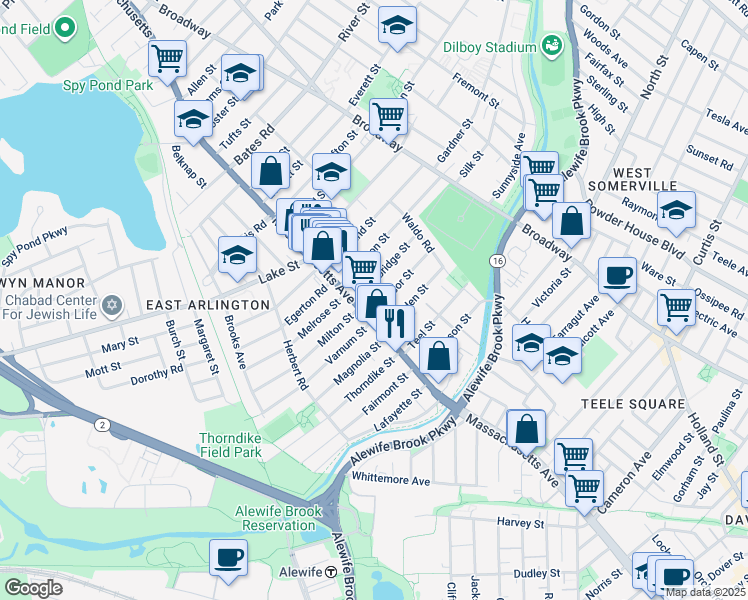 map of restaurants, bars, coffee shops, grocery stores, and more near 34 Windsor Street in Arlington
