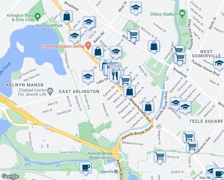 map of restaurants, bars, coffee shops, grocery stores, and more near 180 Massachusetts Avenue in Arlington