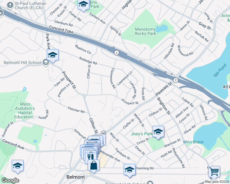 map of restaurants, bars, coffee shops, grocery stores, and more near 41 Clairemont Road in Belmont
