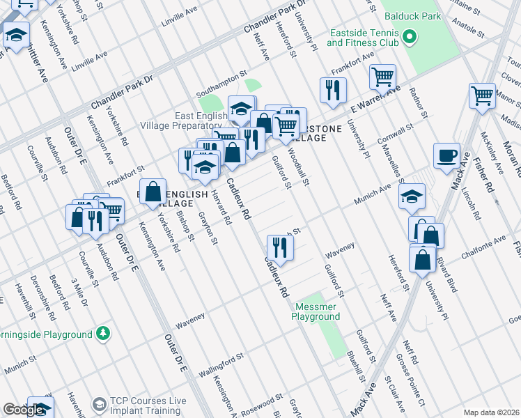 map of restaurants, bars, coffee shops, grocery stores, and more near 17166 Cornwall Street in Detroit