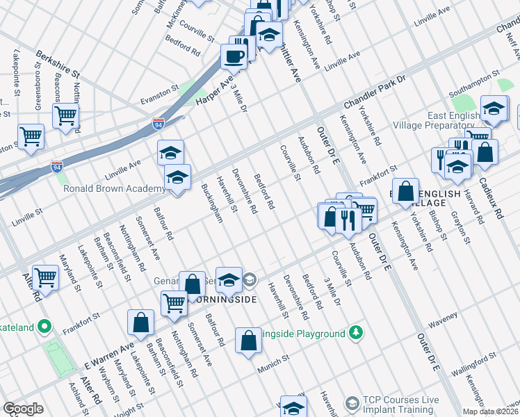 map of restaurants, bars, coffee shops, grocery stores, and more near 5500 Devonshire Road in Detroit
