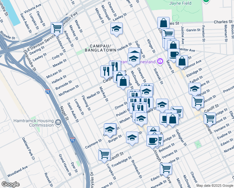 map of restaurants, bars, coffee shops, grocery stores, and more near 2697 Botsford Street in Hamtramck