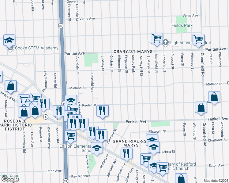 map of restaurants, bars, coffee shops, grocery stores, and more near 15703 Biltmore Street in Detroit