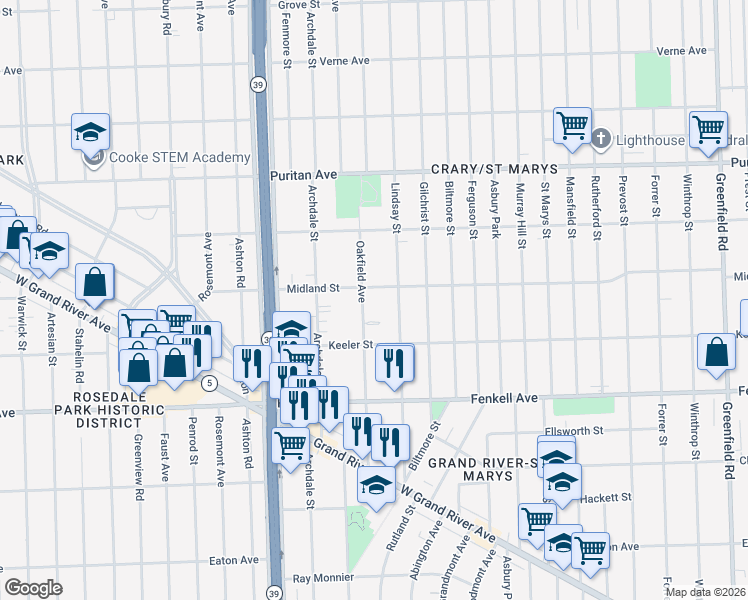 map of restaurants, bars, coffee shops, grocery stores, and more near 15700 Oakfield Avenue in Detroit
