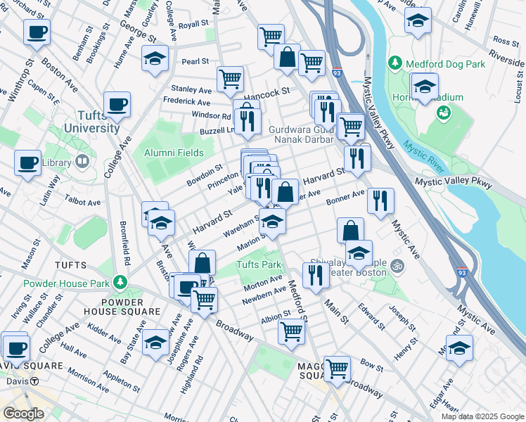 map of restaurants, bars, coffee shops, grocery stores, and more near 371 Main Street in Medford