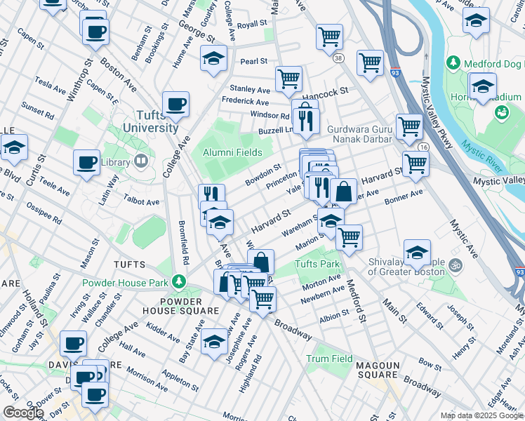 map of restaurants, bars, coffee shops, grocery stores, and more near 102 Princeton Street in Medford