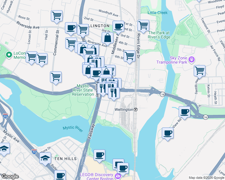 map of restaurants, bars, coffee shops, grocery stores, and more near 20 Revere Beach Parkway in Medford