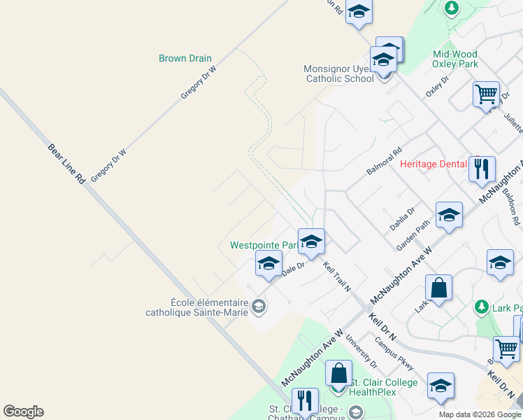 map of restaurants, bars, coffee shops, grocery stores, and more near 523 Keil Trail North in Chatham-Kent