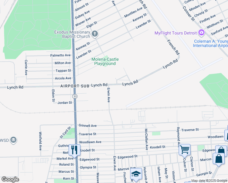 map of restaurants, bars, coffee shops, grocery stores, and more near 10200 Erwin Avenue in Detroit