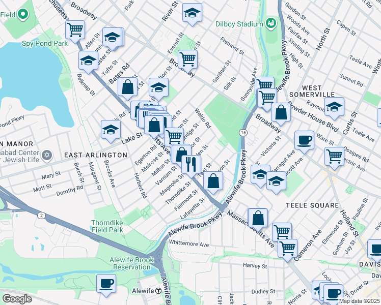 map of restaurants, bars, coffee shops, grocery stores, and more near 34 Windsor Street in Arlington