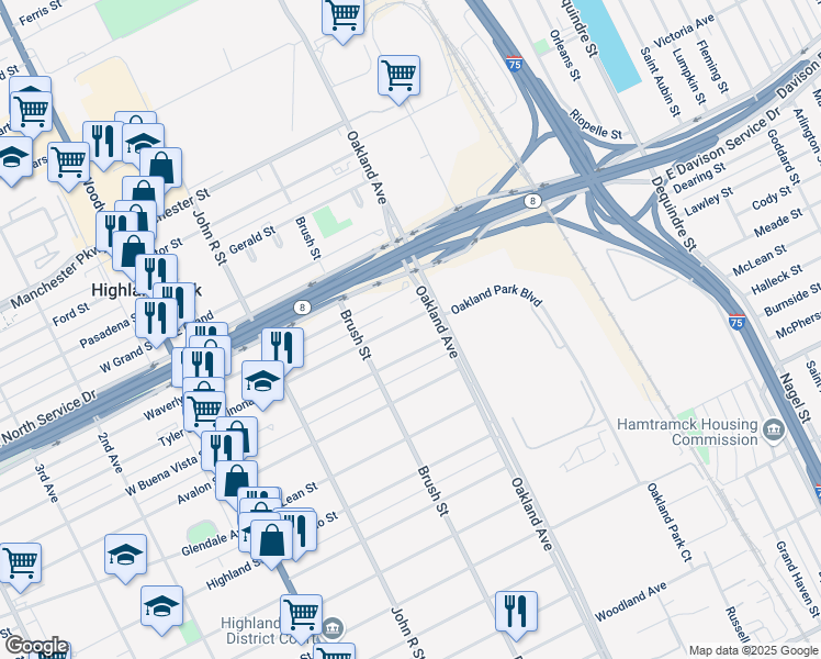 map of restaurants, bars, coffee shops, grocery stores, and more near 239 Winona Street in Highland Park