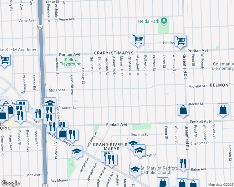 map of restaurants, bars, coffee shops, grocery stores, and more near 15490 Asbury Park in Detroit