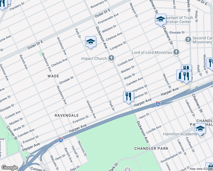 map of restaurants, bars, coffee shops, grocery stores, and more near 12746 Maiden Street in Detroit
