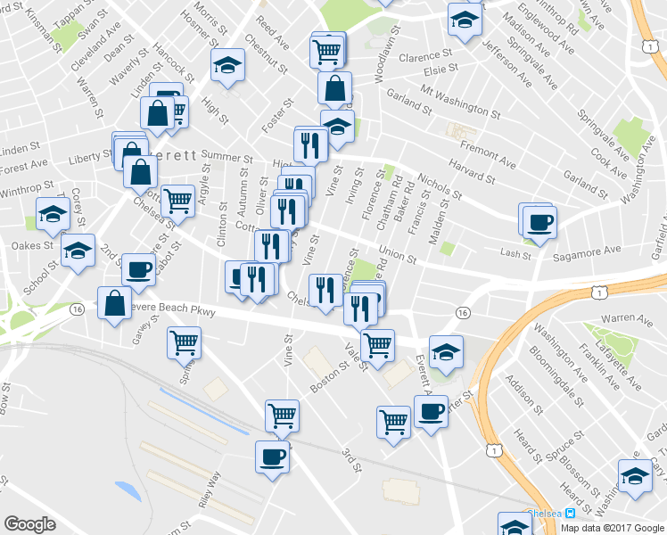 map of restaurants, bars, coffee shops, grocery stores, and more near 39 Irving Street in Everett