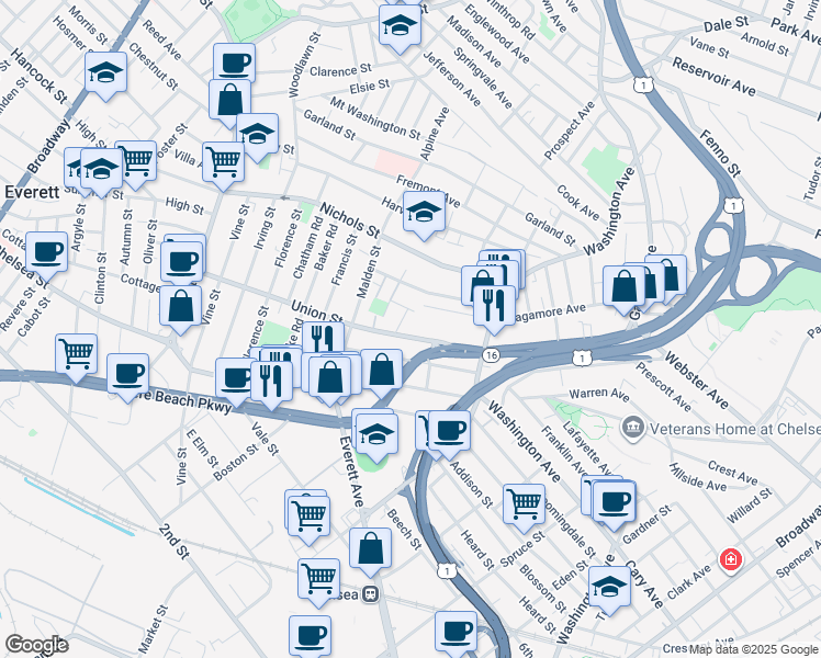 map of restaurants, bars, coffee shops, grocery stores, and more near 60 Lash Street in Chelsea
