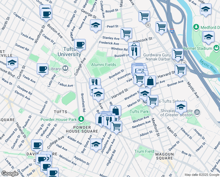 map of restaurants, bars, coffee shops, grocery stores, and more near 105 Yale Street in Medford