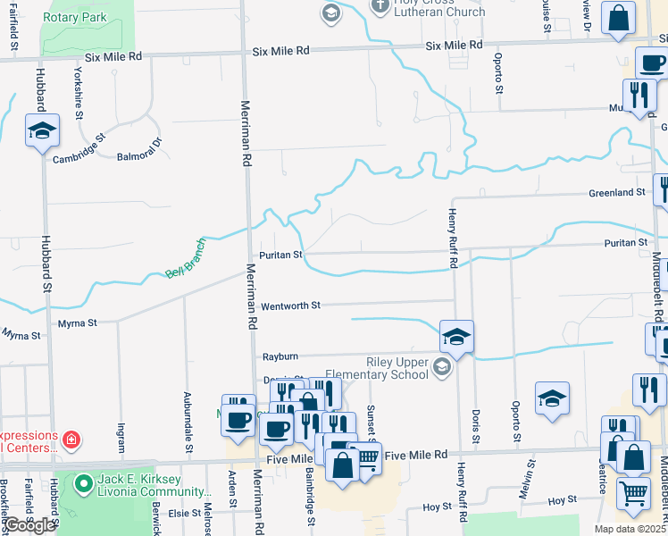 map of restaurants, bars, coffee shops, grocery stores, and more near 30872 Puritan Street in Livonia
