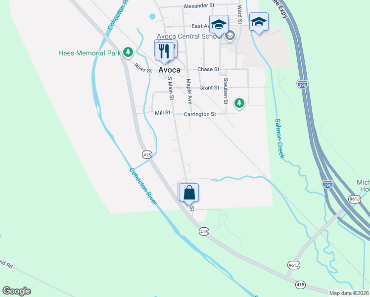 map of restaurants, bars, coffee shops, grocery stores, and more near 78 South Main Street in Avoca