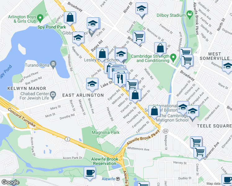 map of restaurants, bars, coffee shops, grocery stores, and more near 18 Egerton Road in Arlington