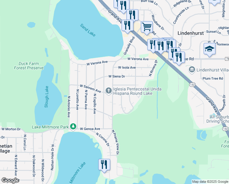 map of restaurants, bars, coffee shops, grocery stores, and more near 20668 West Sanrem Avenue in Lake Villa