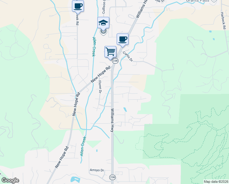 map of restaurants, bars, coffee shops, grocery stores, and more near 2733 Williams Highway in Grants Pass