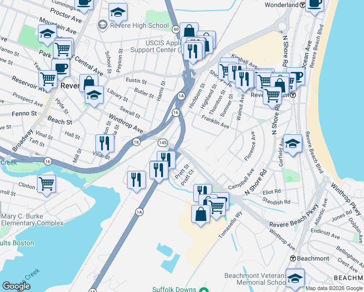 map of restaurants, bars, coffee shops, grocery stores, and more near 395 Lee Burbank Highway in Revere