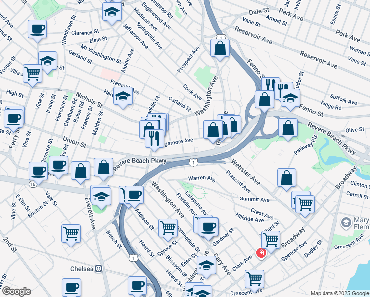 map of restaurants, bars, coffee shops, grocery stores, and more near 89 Sagamore Avenue in Chelsea