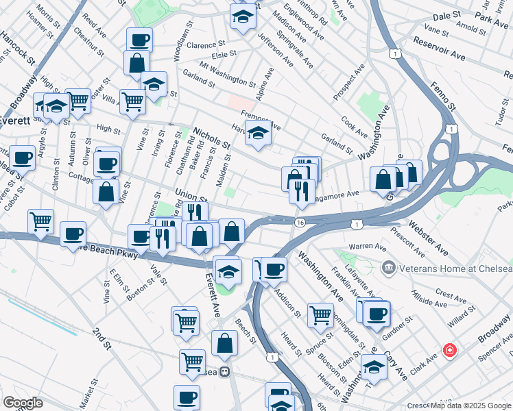 map of restaurants, bars, coffee shops, grocery stores, and more near 60 Lash Street in Chelsea