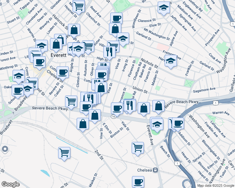 map of restaurants, bars, coffee shops, grocery stores, and more near 56 Irving Street in Everett