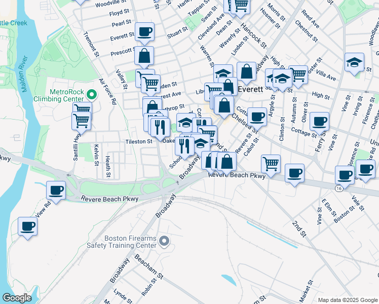 map of restaurants, bars, coffee shops, grocery stores, and more near 41 Oakes Street in Everett