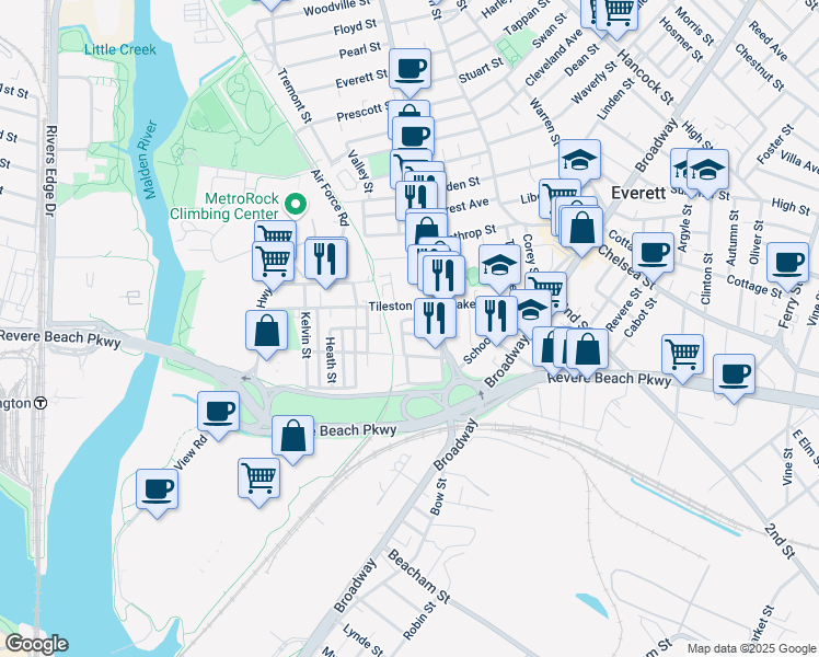 map of restaurants, bars, coffee shops, grocery stores, and more near 20 Tileston Street in Everett