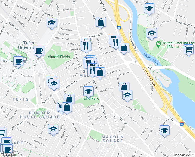 map of restaurants, bars, coffee shops, grocery stores, and more near 371 Main Street in Medford