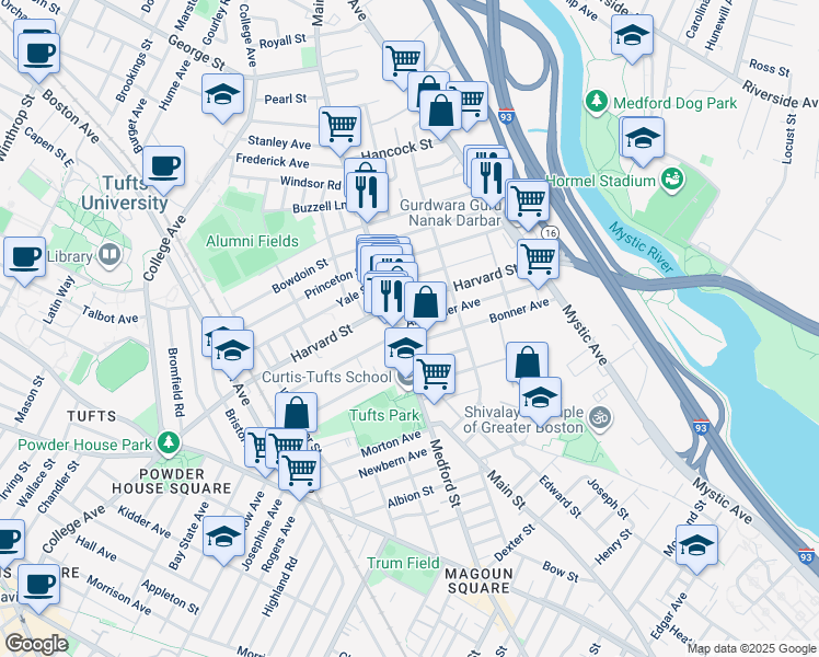 map of restaurants, bars, coffee shops, grocery stores, and more near 371 Main Street in Medford