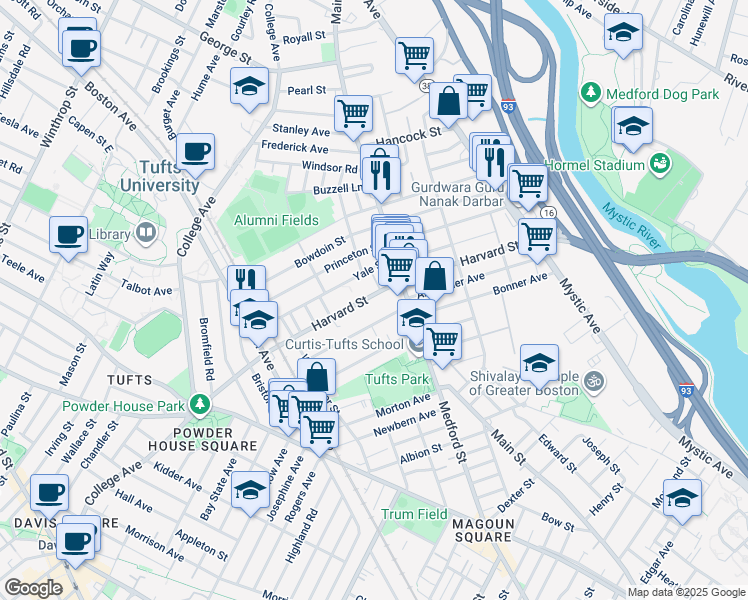 map of restaurants, bars, coffee shops, grocery stores, and more near 1 Harvard Street in Medford