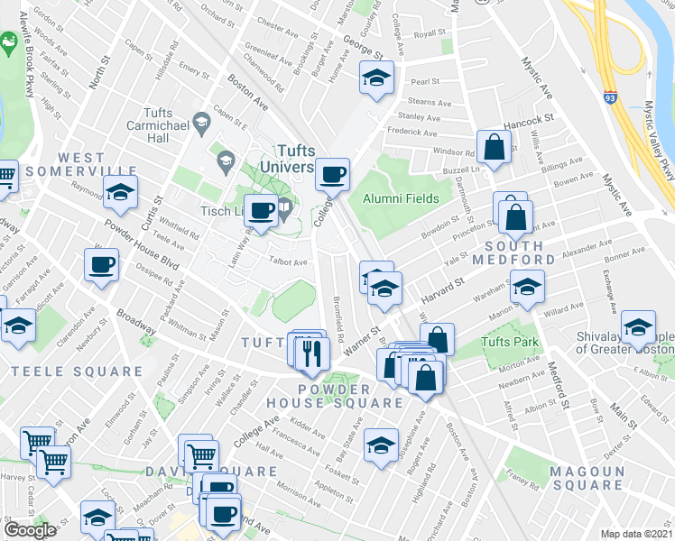 map of restaurants, bars, coffee shops, grocery stores, and more near 16 Dearborn Road in Somerville