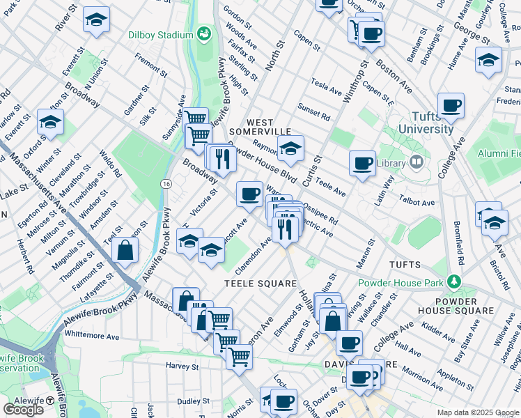 map of restaurants, bars, coffee shops, grocery stores, and more near 42 Fairmount Avenue in Somerville