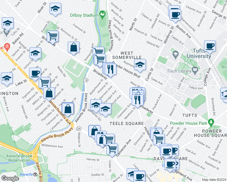 map of restaurants, bars, coffee shops, grocery stores, and more near 1249 Broadway in Somerville