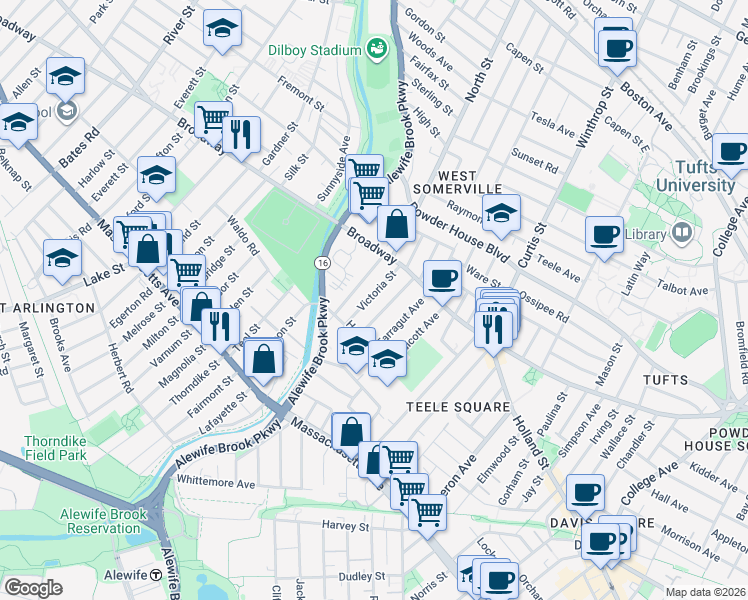map of restaurants, bars, coffee shops, grocery stores, and more near 18 Victoria Street in Somerville