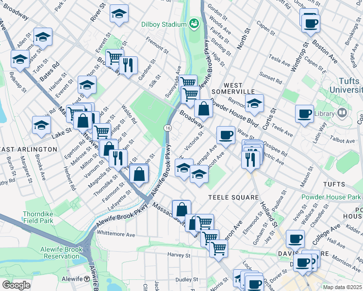 map of restaurants, bars, coffee shops, grocery stores, and more near 37 Waterhouse Street in Somerville