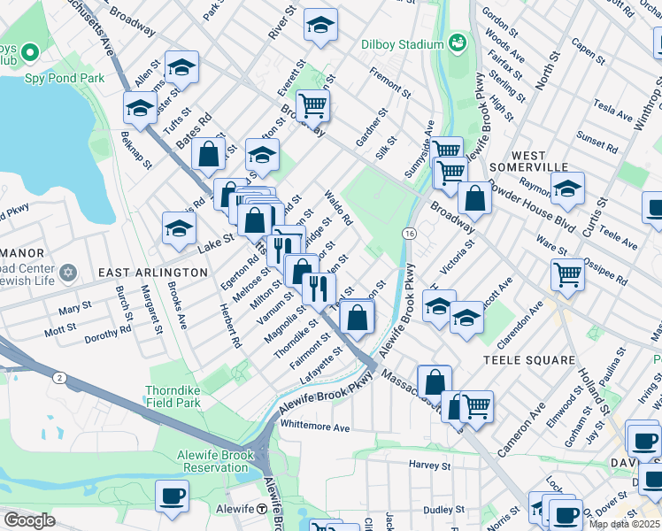 map of restaurants, bars, coffee shops, grocery stores, and more near 56-58 Amsden Street in Arlington