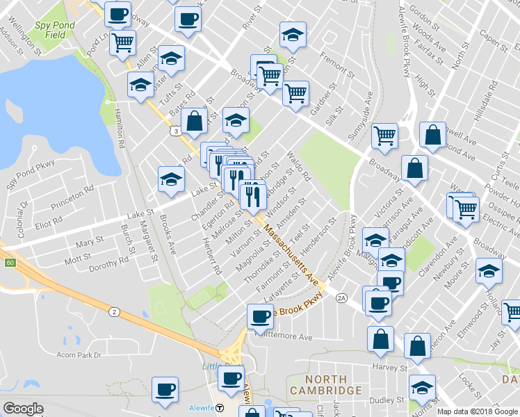 map of restaurants, bars, coffee shops, grocery stores, and more near 155 Massachusetts Avenue in Arlington