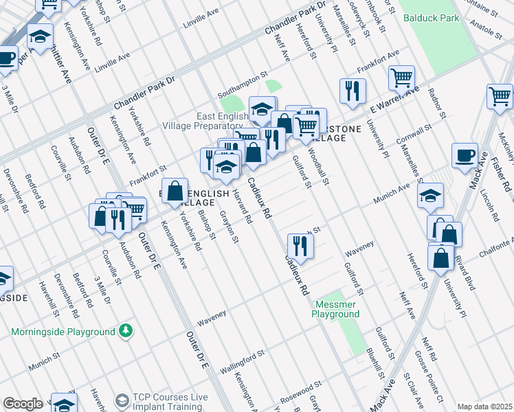 map of restaurants, bars, coffee shops, grocery stores, and more near 4837 Cadieux Road in Detroit