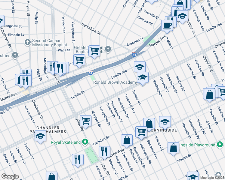 map of restaurants, bars, coffee shops, grocery stores, and more near 5775 Nottingham Road in Detroit