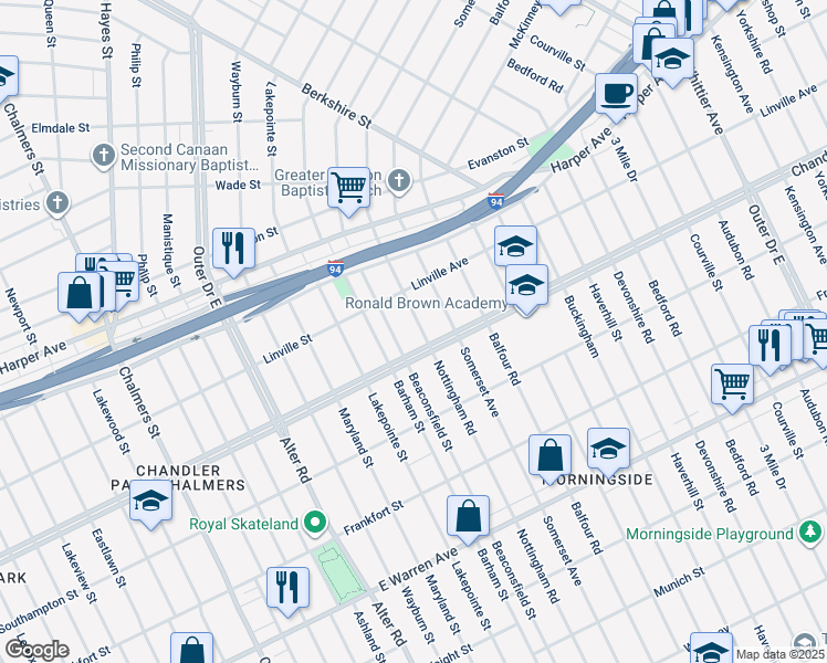 map of restaurants, bars, coffee shops, grocery stores, and more near 5775 Nottingham Road in Detroit