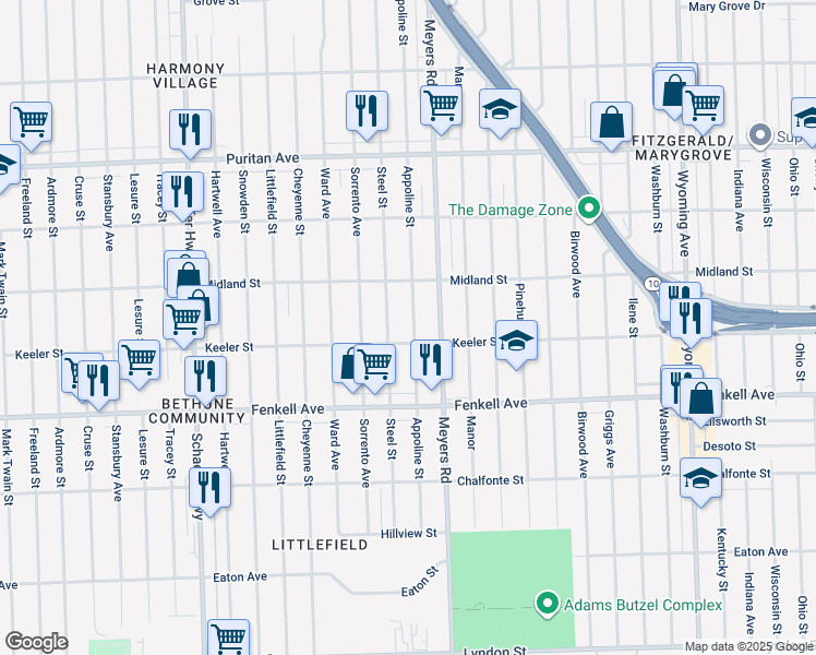 map of restaurants, bars, coffee shops, grocery stores, and more near 15466 Appoline Avenue in Detroit