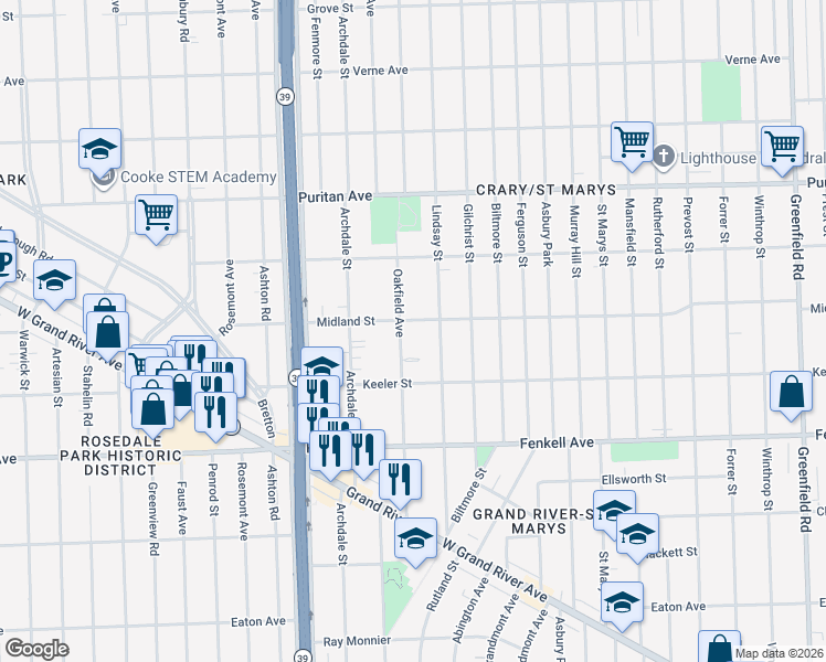 map of restaurants, bars, coffee shops, grocery stores, and more near 15700 Oakfield Avenue in Detroit
