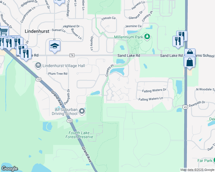 map of restaurants, bars, coffee shops, grocery stores, and more near 101 Tamarack Court in Lindenhurst