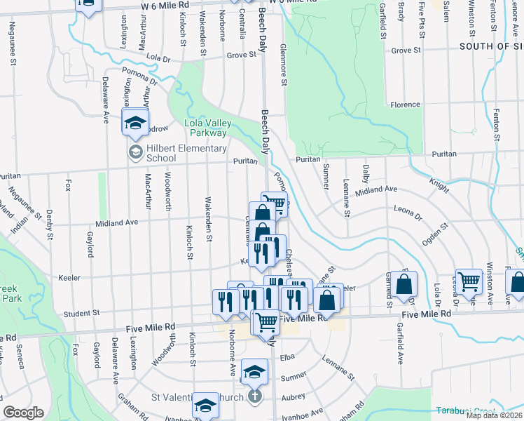 map of restaurants, bars, coffee shops, grocery stores, and more near 15865 Beech Daly in Redford Charter Township