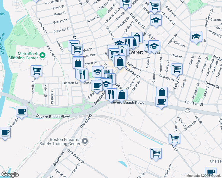 map of restaurants, bars, coffee shops, grocery stores, and more near 11 Cazenove Place in Everett